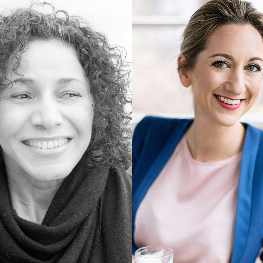 Zwei Porträts einer Frau. Links ist sie in Schwarz-Weiß zu sehen, mit lockigem Haar und einem freundlichen Lächeln. Rechts ist sie in Farbe abgebildet, mit hochgestecktem Haar, einem blauen Blazer und einem ebenfalls freundlichen Gesichtsausdruck. Beide Bilder zeigen eine positive und zugewandte Ausstrahlung.