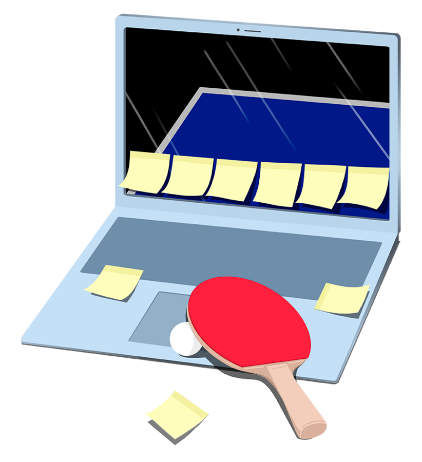 Grafik: Ein Laptop mit einem geöffneten Bildschirm. Vor dem Laptop wird Tischtennis gespielt. Eine Hand hält einen roten Tischtennisschläger, der Ball ist kurz vor dem Aufprall auf die Tastatur. Gelbe Haftnotizen sind auf dem Laptopdeckel und der Tastatur angebracht.