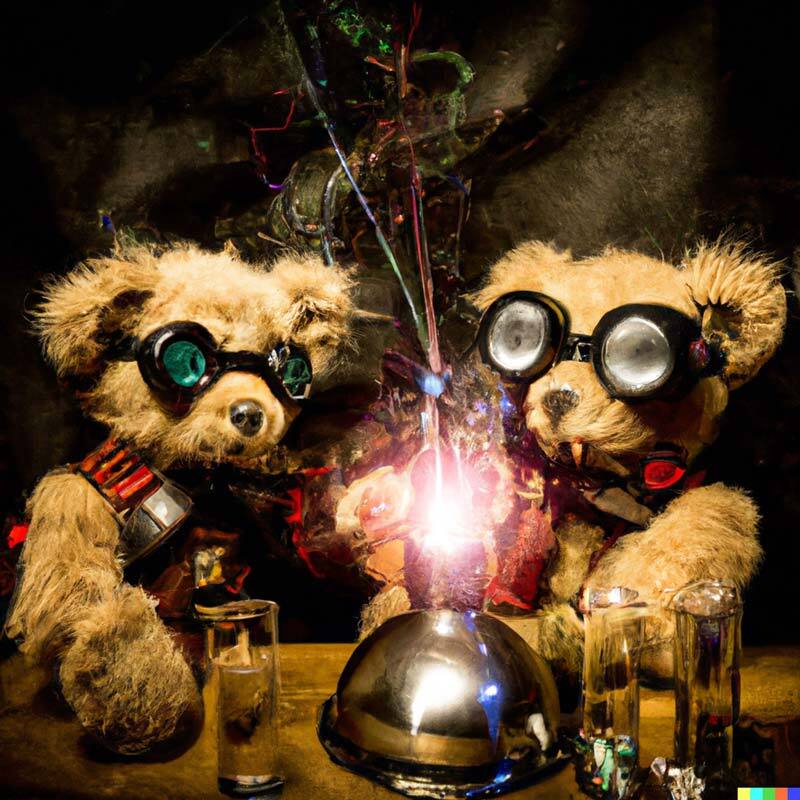 „Steampunk-Teddybären, die Chemikalien zusammenmixen“ (Foto: OpenAI)