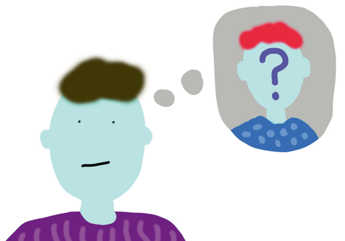 Zeichnung einer Person mit braunem Haar und einem nachdenklichen Gesichtsausdruck. Über ihrem Kopf schwebt eine Gedankenblase, in der das Gesicht einer anderen Person mit einem Fragezeichen dargestellt ist. Die Situation deutet auf Unsicherheit oder das Nachdenken über eine unbekannte Person hin.
