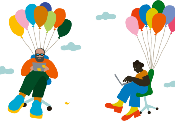Eine stilisierte Grafik zeigt zwei Personen, die auf Bürostühlen sitzen und in die Höhe schweben, angebunden mit bunten Luftballons. Die Person links ist ein Mann mit Bart und Brille, der auf ein Tablet schaut. Er wirkt konzentriert. Die Person rechts ist eine Frau, die auf einem Laptop tippt und ebenfalls konzentriert aussieht. Im Hintergrund sind Wolken angedeutet. Die Szene vermittelt ein Gefühl von Freiheit und spielerischer Arbeit.