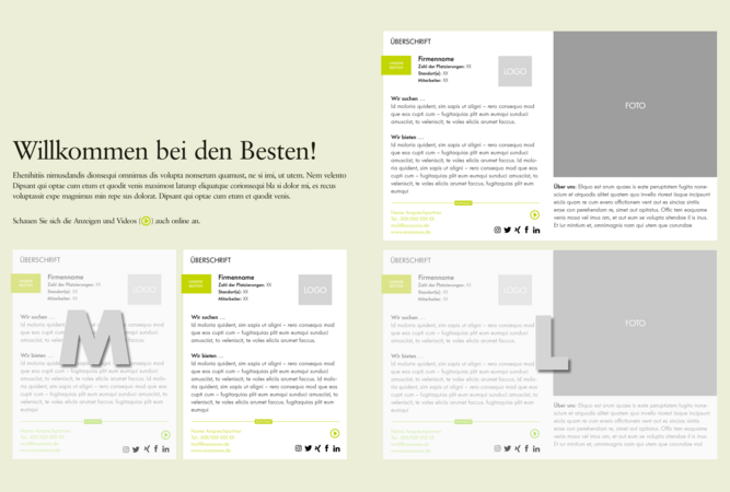 Werbeplakat mit dem Schriftzug „Willkommen bei den Besten!“. Darunter sind vier Bereiche nebeneinander angeordnet. Jeder Bereich enthält einen Firmennamen, einen kurzen Text und ein Foto. Die Fotos zeigen jeweils eine Gruppe von Menschen in einem modernen Büro oder Konferenzraum. Das Gesamtbild wirkt professionell und einladend.