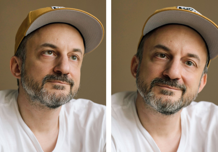 Zwei Porträtaufnahmen eines Mannes mit grau meliertem Bart und einem gelben Baseballcap. Er trägt ein weißes T-Shirt und blickt freundlich in die Kamera. Die Aufnahmen scheinen ein Vorher-Nachher-Vergleich zu sein, wobei die zweite Aufnahme etwas schärfer wirkt.