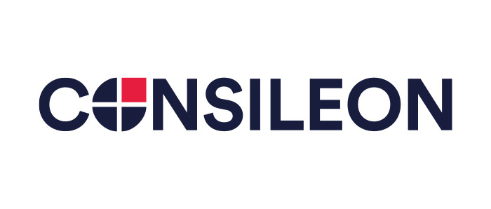 Logo von Consileon: Der Schriftzug "CONSILEON" in dunkler Schrift auf weißem Hintergrund. Das "O" ist durch einen roten Kreis mit einem weißen Kreis darin ersetzt, der an eine Weltkugel erinnert.