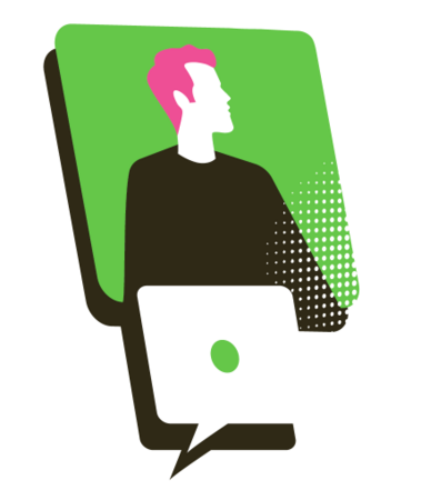 Grafik einer Person mit pinken Haaren, die vor einem Laptop sitzt. Die Person ist in einem grünen Sprechblasen-Rahmen dargestellt und wirkt konzentriert. Die Grafik vermittelt den Eindruck einer digitalen Kommunikation oder Arbeit.