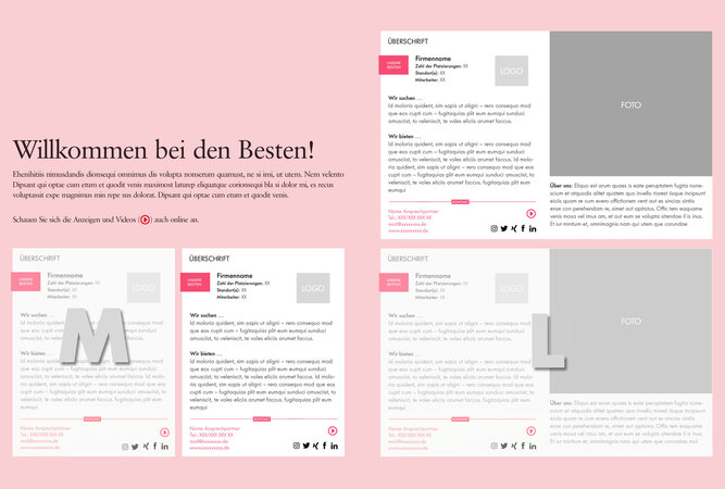 Werbeplakat mit dem Schriftzug "Willkommen bei den Besten!". Darunter sind vier Bilder nebeneinander angeordnet.

Bild 1: Eine Frau mit dunklen Haaren lächelt in die Kamera. Sie wirkt freundlich und einladend.
Bild 2: Ein Mann mit Bart schaut selbstbewusst in die Kamera.
Bild 3: Eine Frau mit blonden Haaren lächelt und blickt nach links.
Bild 4: Ein Mann mit Brille schaut in die Kamera und wirkt konzentriert.

Unter den Bildern befindet sich der Schriftzug "Schauen Sie sich die Anzeigen und Videos [...] auch online an."