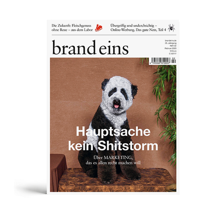 Titelseite einer Zeitschrift namens "brand eins". Im Mittelpunkt steht ein großer, schwarzer und weißer Landseer-Hund, der direkt in die Kamera blickt. Der Hund wirkt freundlich und aufmerksam. Über dem Hund steht in großen, weißen Lettern der Titel "Hauptsache kein Shitstorm". Darunter ein Untertitel in kleinerer Schrift: "Über MARKETING, das es allen recht machen will". Die Zeitschrift hat ein rotes Logo am oberen Rand und weitere Informationen zur Ausgabe.