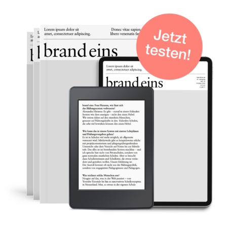 Werbeanzeige für "brand eins" mit dem Titel "brand eins". Im Vordergrund steht der Schriftzug "brand eins" in großer, moderner Schrift. Daneben ein Textblock mit Fragen und Informationen zum Thema Bildungssystem. Rechts oben befindet sich ein kleines Logo mit dem Datum und der Seitenzahl. Der Hintergrund ist weiß.