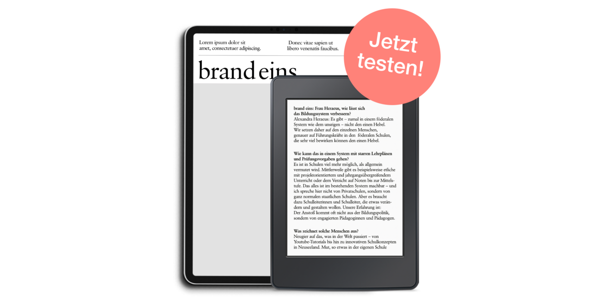 Ein Werbeplakat in Schwarz und Weiß. Auf der linken Seite ist ein Mann in einem dunklen Anzug zu sehen, der nachdenklich in die Ferne blickt. Auf der rechten Seite befindet sich Text und der Aufruf "Jetzt testen!". Das Plakat vermittelt einen seriösen und professionellen Eindruck.