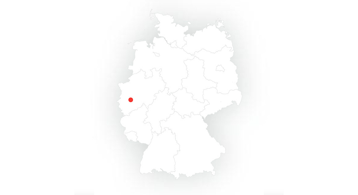 Karte von Deutschland mit einem roten Punkt in Rheinland-Pfalz. Der rote Punkt markiert eine bestimmte Region oder Stadt in Rheinland-Pfalz.