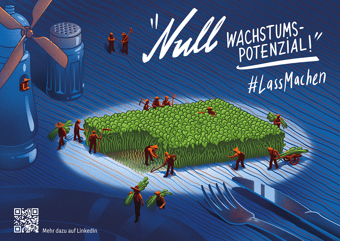 Grafik: Eine Gruppe von Menschen arbeitet auf einem riesigen Feld aus grünen Pflanzen. Im Hintergrund steht ein großer, blauer Propeller und ein Streusalzbehälter. Über dem Feld steht in großen Buchstaben der Text "Null Wachstumspotenzial!" mit dem Hashtag #LassMachen. Die Szene wirkt wie eine satirische Darstellung von Landwirtschaft oder Wachstum, möglicherweise im Kontext von Umwelt oder Nachhaltigkeit.