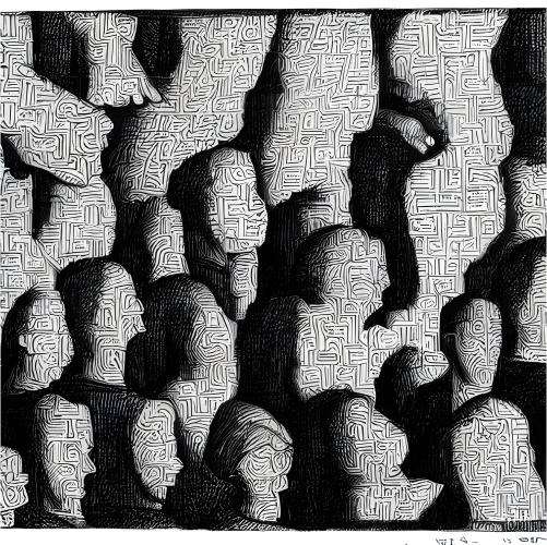 Zeichnung einer Menschenmenge. Die Köpfe der Menschen sind durch ein komplexes Labyrinthmuster gefüllt, das sich über die gesamte Bildfläche erstreckt. Die Gesichter sind angedeutet, wirken aber durch das Muster abstrakt und verschmolzen. Die Zeichnung vermittelt ein Gefühl von Anonymität und Überforderung in einer großen Gruppe.