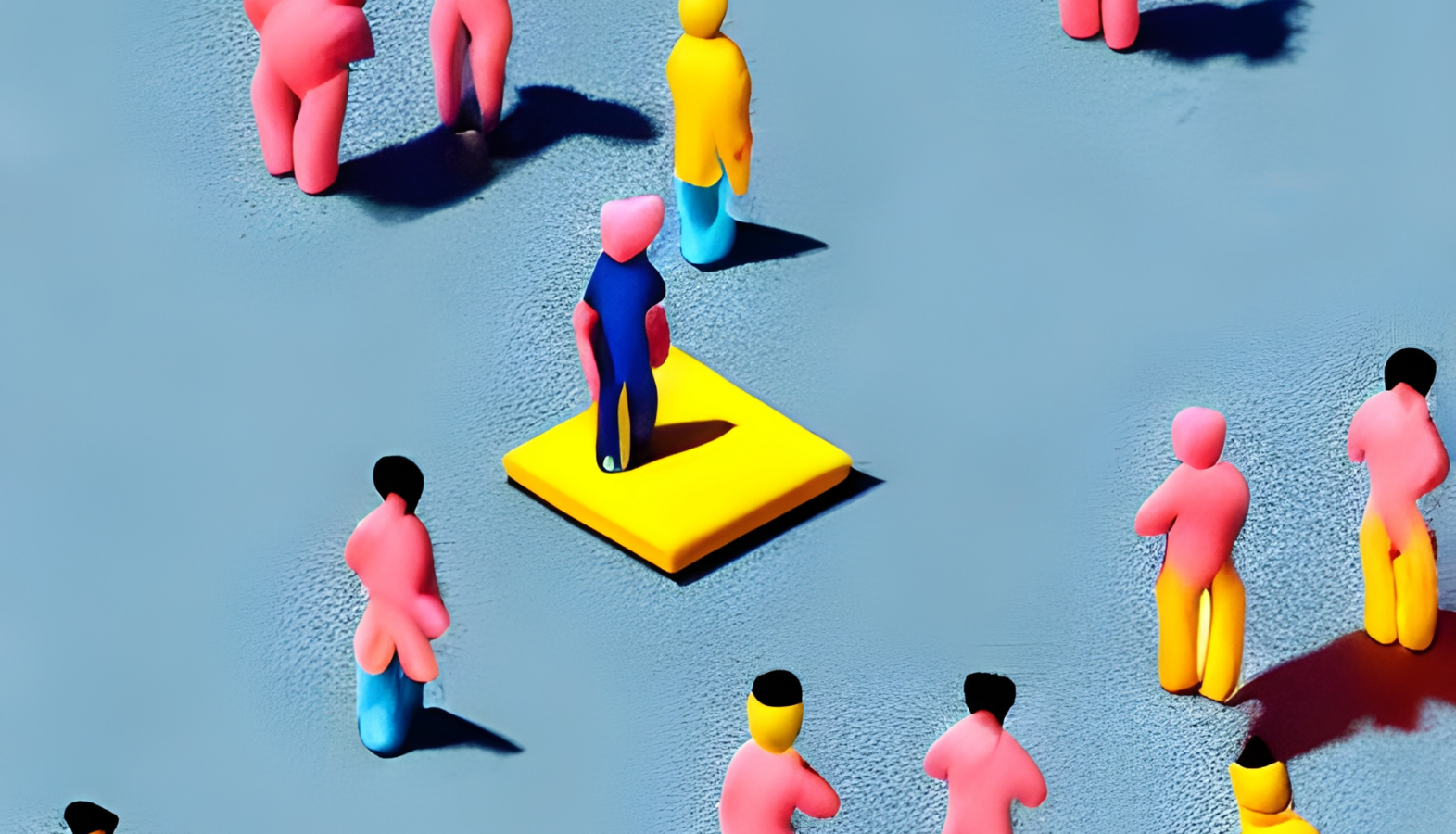 Das Bild zeigt eine stilisierte Szene mit mehreren menschlichen Figuren. Eine einzelne blaue Figur steht auf einem erhöhten gelben Podest, umgeben von Figuren in Rosa und Gelb. Die Figuren sind vereinfacht dargestellt und scheinen sich der blauen Figur zuzuwenden. Das Ambiente wirkt ruhig und abstrakt, mit einem blauen Hintergrund und weichen Schatten.