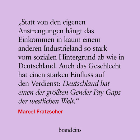 Ein Zitat von Marcel Fratzscher zum Thema Einkommensungleichheit und Gender Pay Gap in Deutschland. Der Text steht auf einem dunkelblauen Hintergrund. Unten befindet sich das Logo von brand eins.