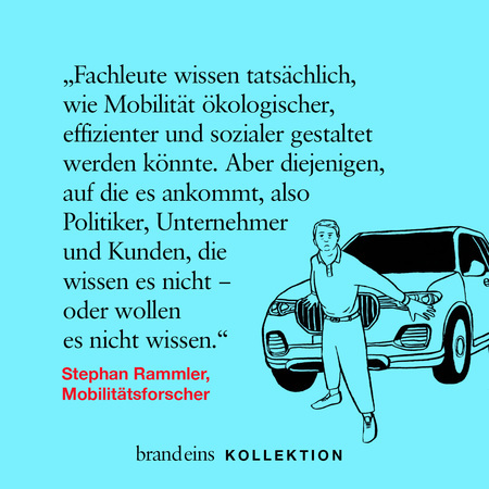 Zeichnung eines Mannes, der lächelnd neben einem großen, modernen Auto steht. Er scheint selbstbewusst und zufrieden. Im Hintergrund befindet sich Text, der sich mit dem Thema nachhaltige Mobilität und der mangelnden Umsetzung von Fachwissen in der Politik und Wirtschaft befasst. Der Stil der Zeichnung ist schlicht und kontrastreich, mit schwarzen Linien auf blauem Hintergrund.