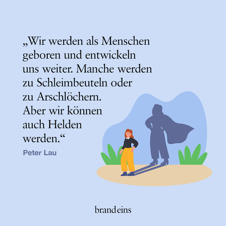 Illustration: Eine Frau in einem orangefarbenen Hosenanzug steht einer dunklen, schemenhaften Gestalt gegenüber. Die Frau wirkt entschlossen, die Gestalt bedrohlich. Im Hintergrund grünes Gras und ein blauer Farbverlauf. Ein Zitat von Peter Lau steht links daneben.