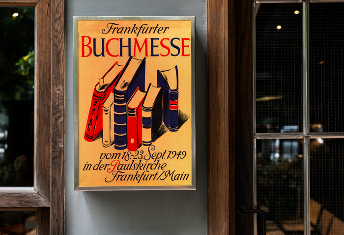 Ein gerahmter Werbeplakat für die Frankfurter Buchmesse von 1949 hängt an einer dunklen Wand. Das Plakat zeigt mehrere Bücher in warmen Rottönen, die sich nach oben öffnen. Darunter steht in dunkler Schrift der Hinweis auf den Zeitraum und den Ort der Buchmesse: "vom 18.-23. Sept. 1949 in der Paulskirche Frankfurt/Main".