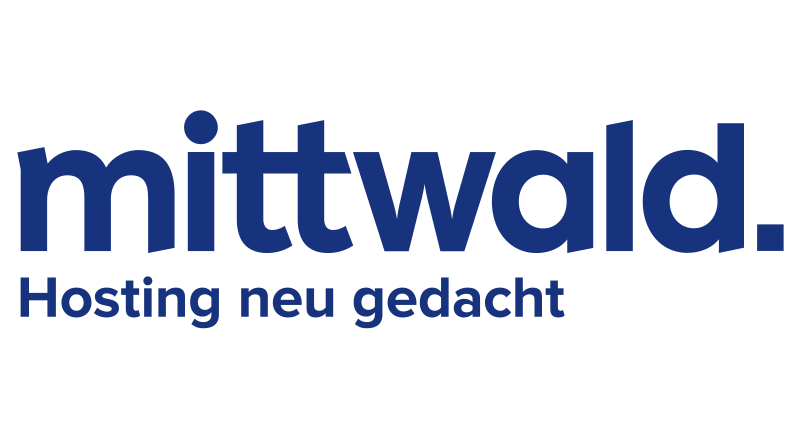 Logo von mittwald: Der Schriftzug "mittwald" in dunklem Blau auf weißem Hintergrund. Darunter in kleinerer Schrift "Hosting neu gedacht".