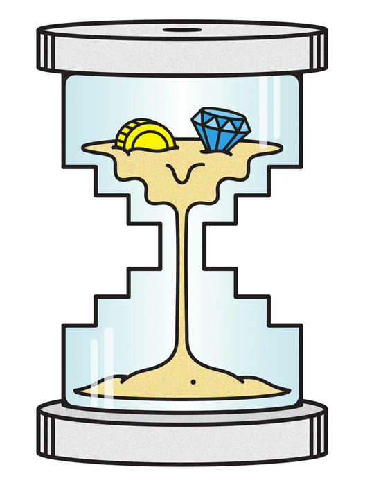 Zeichnung einer Sanduhr. Im oberen Teil befinden sich eine goldene Münze und ein blauer Diamant, die durch den Sand nach unten rieseln. Die Sanduhr steht auf einem grauen Sockel.