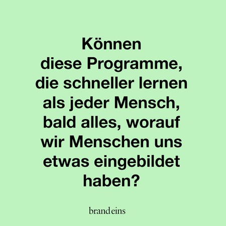 Das Bild zeigt einen hellgrünen Hintergrund mit schwarzem Text. Der Text fragt: "Können diese Programme, die schneller lernen als jeder Mensch, bald alles, worauf wir Menschen uns etwas eingebildet haben?". Unten rechts befindet sich das Logo "brandeins". Es handelt sich um eine Grafik, die eine philosophische Frage zum Thema künstliche Intelligenz aufwirft.