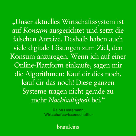 Ein grüner Hintergrund mit weißem Textzitat. Der Text stammt von Ralph Hintemann, einem Wirtschaftswissenschaftler, und kritisiert das aktuelle Wirtschaftssystem als konsumorientiert und Anreize falsch setzend. Er bemängelt, dass digitale Plattformen Konsum anregen und somit der Nachhaltigkeit schaden.