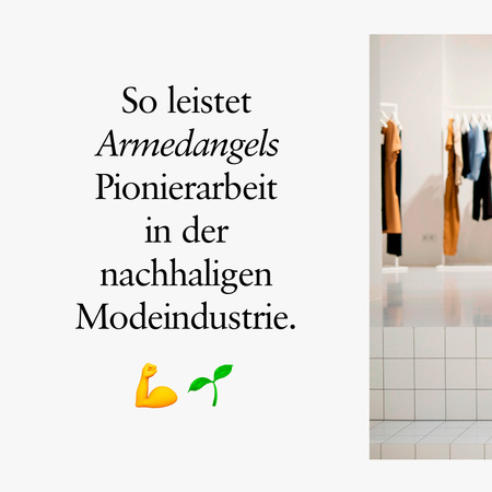 Das Bild zeigt einen hellen Raum mit Kleiderstangen voller Kleidung im Hintergrund. Im Vordergrund befindet sich Text, der die Pionierarbeit von Armedangels in der nachhaltigen Modeindustrie hervorhebt. Ein kleines gelbes Logo mit einem Blatt und ein grüner Spross sind unten rechts zu sehen. Das Ambiente wirkt modern und minimalistisch.