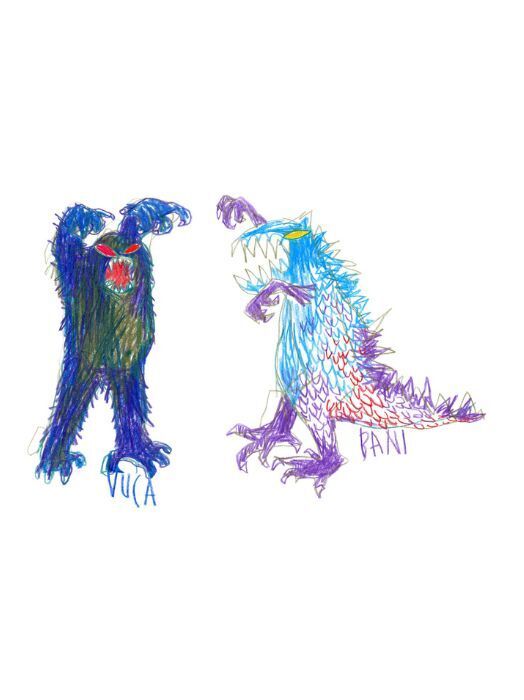 Eine farbige Kinderzeichnung zeigt zwei Monster, die sich gegenüberstehen. Links ein dunkles, pelziges Monster mit roten Augen und offenem Maul. Rechts ein blaues Monster mit Stacheln und ebenfalls offenem Maul. Unter jedem Monster steht ein Name: links "VUCA", rechts "PANI".