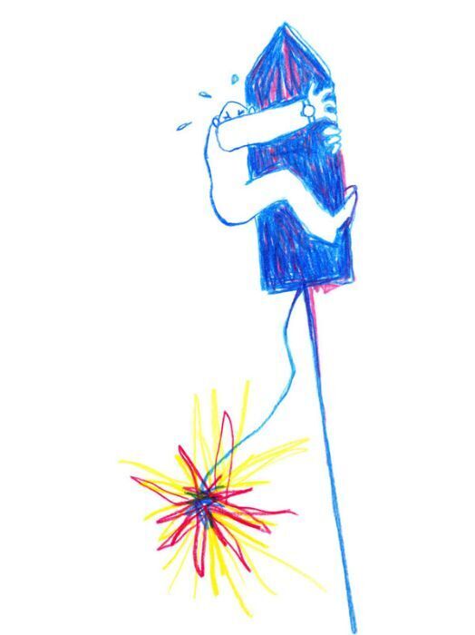 Zeichnung einer Person, die sich zusammenkauert und weint. Die Person ist in dunklem Blau gezeichnet und umarmt ihre Knie. Unter der Person befindet sich ein Stern aus gelben und roten Linien, der möglicherweise Schmerz oder Trauer symbolisiert.