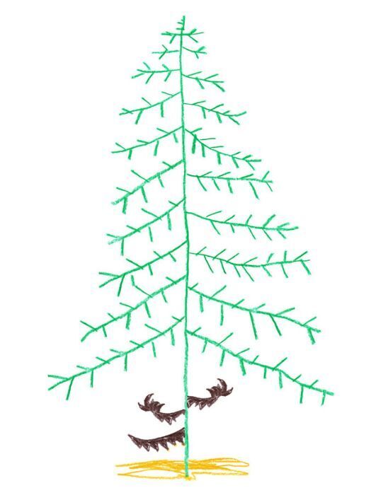Eine kindliche Zeichnung eines Weihnachtsbaums. Der Baum ist grün und hat Äste, die mit kleinen Strichen dargestellt sind. Unten ist ein brauner Stamm zu sehen. Der Baum hat geschlossene Augen und ein breites Lächeln.