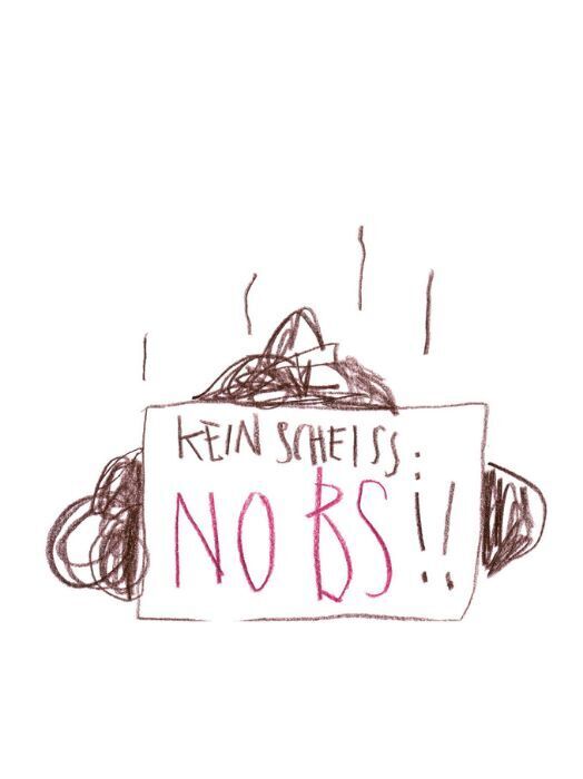 Zeichnung eines Protestschildes. Auf dem Schild steht in großen Buchstaben "KEIN SCHEISS: NO BS!!". Über dem Text ist eine stilisierte Berglandschaft gezeichnet. Links und rechts vom Schild sind wirre Kritzeleien zu sehen, die Rauch oder Dampf darstellen könnten. Die Zeichnung wirkt grob und spontan.