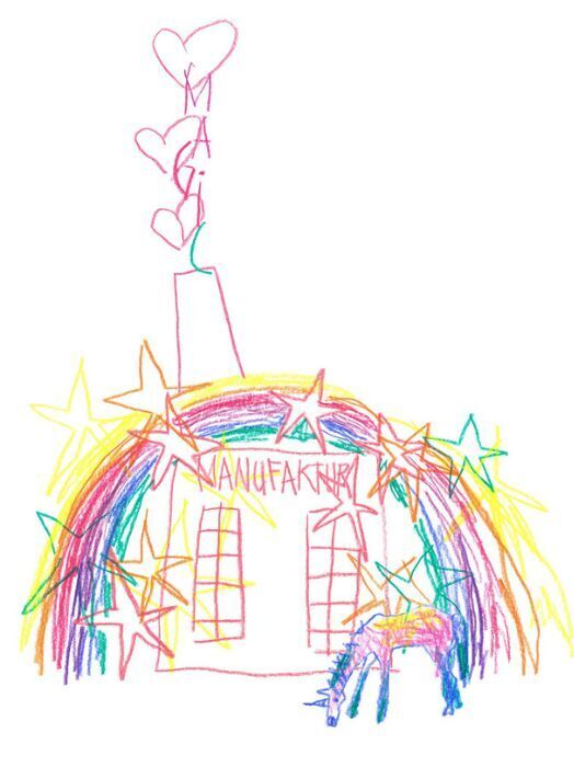 Es handelt sich um eine bunte Kinderzeichnung. Im Zentrum steht ein Regenbogen mit dem Schriftzug "NANUFAKNUR". Über dem Regenbogen befindet sich eine stilisierte Person mit Herzen, die nach oben steigen. Unter dem Regenbogen ist ein kleines Tier zu erkennen. Die Zeichnung wirkt fröhlich und verspielt.