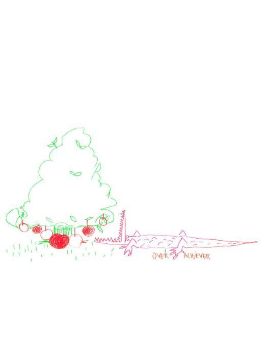 Eine handgezeichnete Grafik zeigt einen grünen Baum mit roten Äpfeln. Im Hintergrund eine Hügellandschaft mit einer Bergkette. Unter dem Bild steht der Text "OVER ACHIEVER".