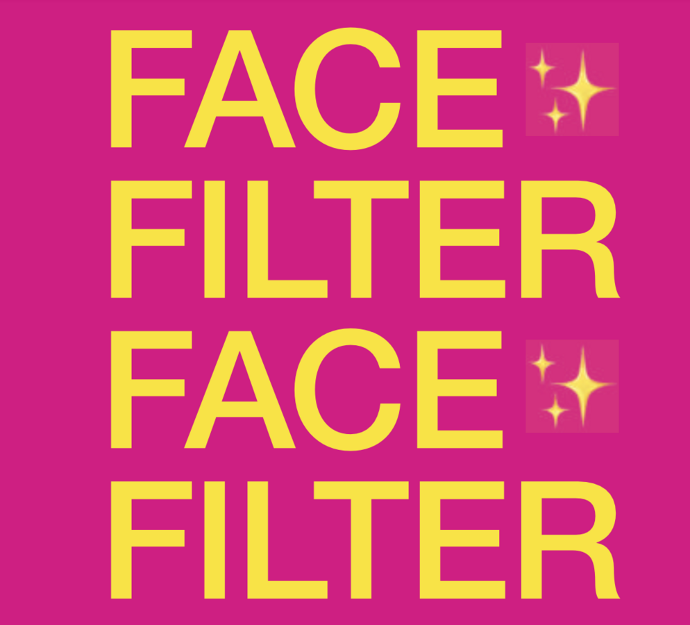 Grafik mit dem Text "FACE FILTER" in gelber Schrift auf pinkfarbenem Hintergrund. Der Text ist zweimal wiederholt und durch kleine, glitzernde Symbole unterbrochen.