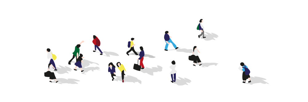 Grafik: Eine Gruppe von Menschen in unterschiedlichen Posen und Farben ist auf einem schwarzen Hintergrund dargestellt. Die Figuren scheinen sich zu bewegen oder interagieren, wobei ihre Formen vereinfacht und stilisiert sind. Es entsteht der Eindruck einer belebten Szene, ohne dass konkrete Details erkennbar sind.