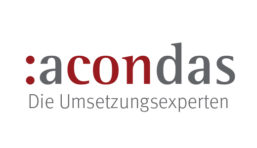 Logo von acondas: Der Schriftzug "acondas" in roter Farbe auf weißem Hintergrund. Darunter in kleinerer Schrift "Die Umsetzungsexperten". Ein roter Doppelpunkt steht vor dem Schriftzug.