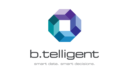 Logo von b.telligent: Eine stilisierte, mehrfarbige geometrische Form, die an einen Würfel erinnert, befindet sich über dem Firmennamen "b.telligent" und dem Slogan "smart data. smart decisions.". Die Farben reichen von Lila über Blau bis Türkis.
