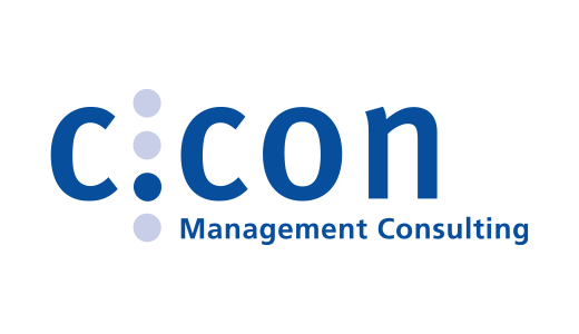Logo von c:con Management Consulting. Das Logo besteht aus dem Schriftzug "c:con" in blauer Schrift. Unter dem Schriftzug steht in kleinerer Schrift "Management Consulting". Zwischen dem "c" und dem ":" befindet sich ein Punkt.