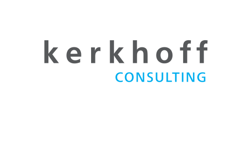 Logo von kerkhof Consulting. Der Schriftzug "kerkhof" ist in dunkler Schrift auf hellem Hintergrund zu sehen. Darunter steht in kleinerer Schrift "CONSULTING" in blauer Farbe.