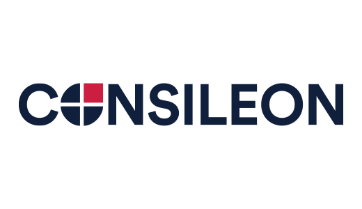 Logo von Consileon: Ein weißer Hintergrund mit dem Schriftzug "CONSILEON" in dunkelblau und rot. Das "O" in "CONSILEON" ist durch ein stilisiertes Weltkugel-Symbol in den Farben Blau und Rot ersetzt.