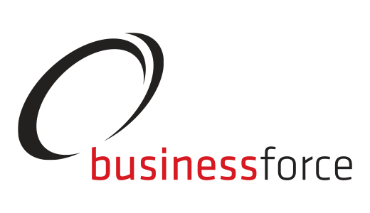 Logo von Businessforce: Ein schwarzer, geschwungener Bogen über dem Schriftzug "businessforce" in roter Farbe. Der Hintergrund ist weiß.