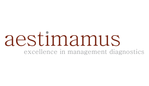 Logo von Aestimamus: Der Firmenname "aestimamus" steht in roter Schrift auf einem hellen Hintergrund. Darunter befindet sich der Slogan "excellence in management diagnostics" in kleinerer, grauer Schrift.
