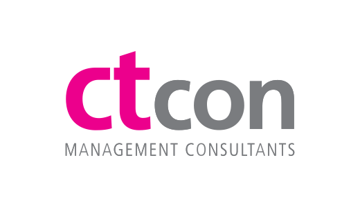 Logo von ctcon Management Consultants: Der Schriftzug "ctcon" in einem kräftigen Rot, darunter in kleinerer Schrift "MANAGEMENT CONSULTANTS" in Grau. Der Hintergrund ist Weiß.