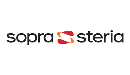 Logo von Sopra Steria: Der Firmenname "sopra steria" steht in schwarzer Schrift. Zwischen den beiden Worten befindet sich ein stilisierter, roter Flammen- oder Blüten-förmiger Grafik-Einsatz.