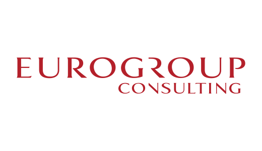 Logo von Eurogroup Consulting: Der Schriftzug "EUROGROUP" in roter Farbe steht über dem kleineren Schriftzug "CONSULTING", ebenfalls in Rot, auf einem weißen Hintergrund.