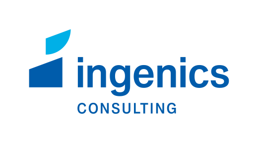 Logo von Ingenics Consulting: Ein blaues, stilisiertes Symbol, das an einen Pfeil oder ein aufsteigendes Diagramm erinnert, steht links neben dem Firmennamen "ingenics" in moderner Schrift. Darunter befindet sich der Schriftzug "CONSULTING".