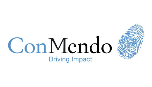 Logo von ConMendo: Der Firmenname "ConMendo" steht in blauer Schrift auf hellem Hintergrund. Darunter der Slogan "Driving Impact" in kleinerer Schrift. Rechts neben dem Namen befindet sich ein blauer Fingerabdruck.