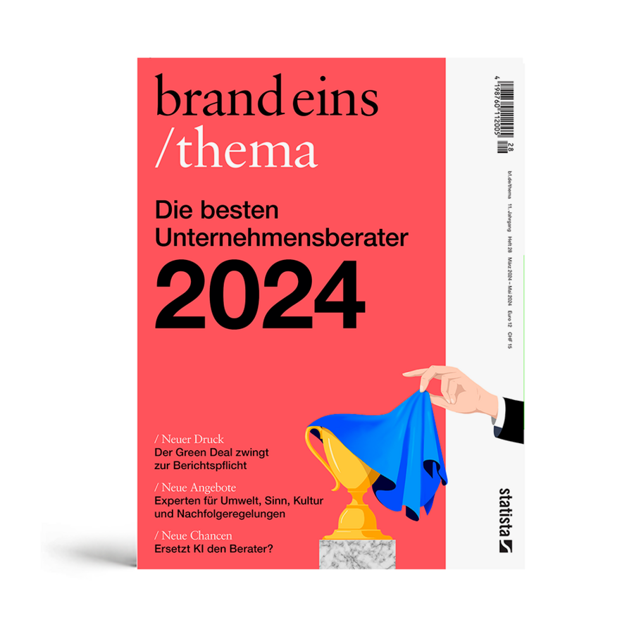 Titelseite der Zeitschrift "brand eins thema" mit dem Thema "Die besten Unternehmensberater 2024". Im Vordergrund ist eine stilisierte Darstellung eines goldenen Pokals in leuchtenden Farben (rot, grün, blau). Der Hintergrund ist in einem auffälligen Pink gehalten. Unterhalb des Pokals sind kurze Teaser-Texte zu neuen Drucken, Angeboten und Chancen aufgelistet. Das Logo von "statista" befindet sich in der unteren rechten Ecke.