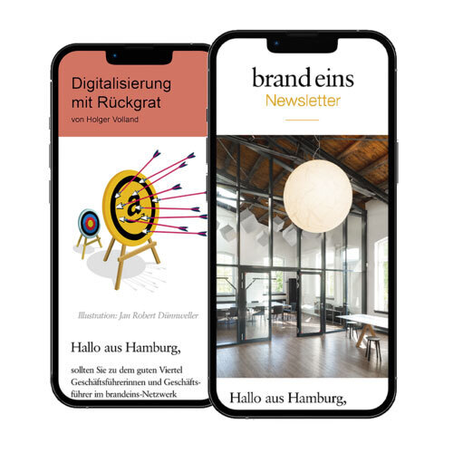 Smartphone-Display mit dem Titel "Digitalisierung mit Rückgrat" und dem Namen des Autors Holger Volland. Eine Illustration zeigt ein Dartboard mit einem Pfeil im Zentrum, umgeben von vielen weiteren Pfeilen. Darunter steht ein Gruß aus Hamburg und eine Einladung zum brandeins-Netzwerk.