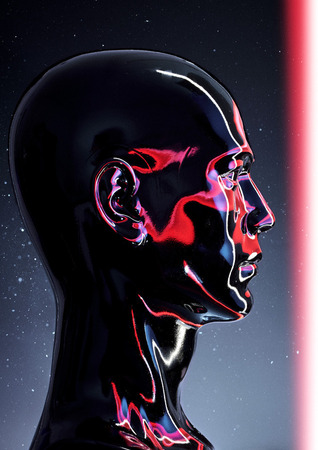 Das Bild zeigt das Profil eines Kopfes, der aus einem dunklen, glänzenden Material zu bestehen scheint. Rote Lichtlinien ziehen sich über die Konturen des Kopfes und erzeugen einen futuristischen Effekt. Der Hintergrund ist dunkel und erinnert an den Nachthimmel.
