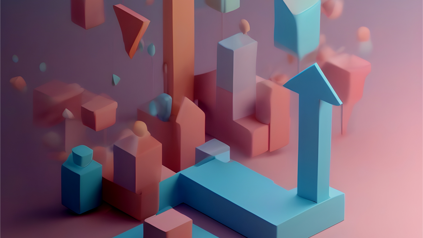 Abstrakte Grafik mit geometrischen Formen in Blau- und Rosatönen. Verschiedene Quader, Dreiecke und Zylinder sind in einer Art Stadtlandschaft angeordnet. Ein großer blauer Pfeil ragt nach oben und symbolisiert Wachstum oder Fortschritt. Die Formen wirken dreidimensional und sind von einem sanften Lichtschein umgeben.